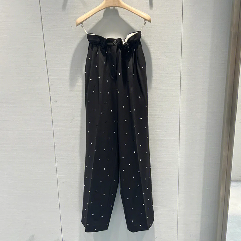 Black Trousers  Diamond Inlaid Star Studded Design Flower Bud Pants Suit Pants Women's Autumn New Style with Tag and Lable