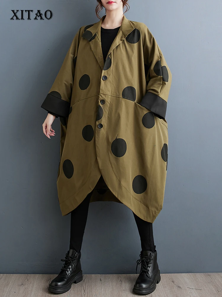 

XITAO Loose Irregular Dot Trench Vintage Print Casual All-match Women Autumn New Arrival Simplicity Trend Coats LYD1139
