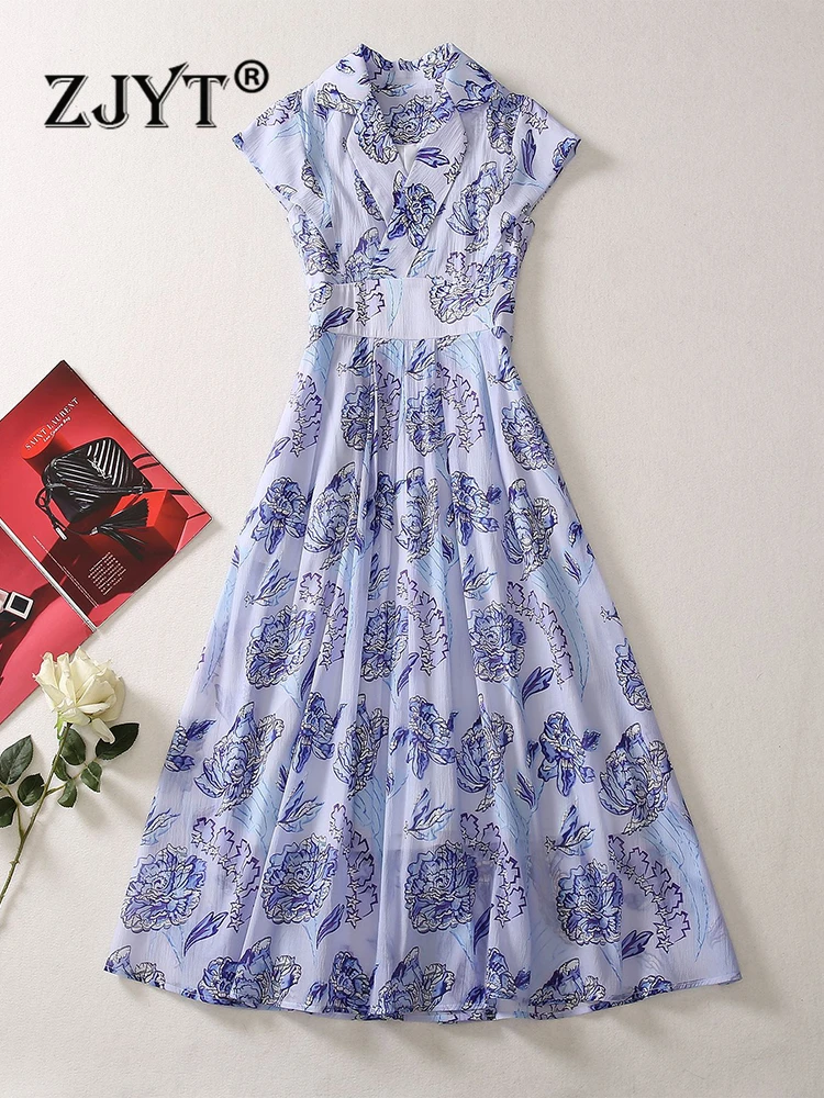 

ZJYT Runway Fashion Summer Dresses for Women 2023 Print Midi Vestidos Para Mujer Feminino Holiday Casual Short Sleeve Robe