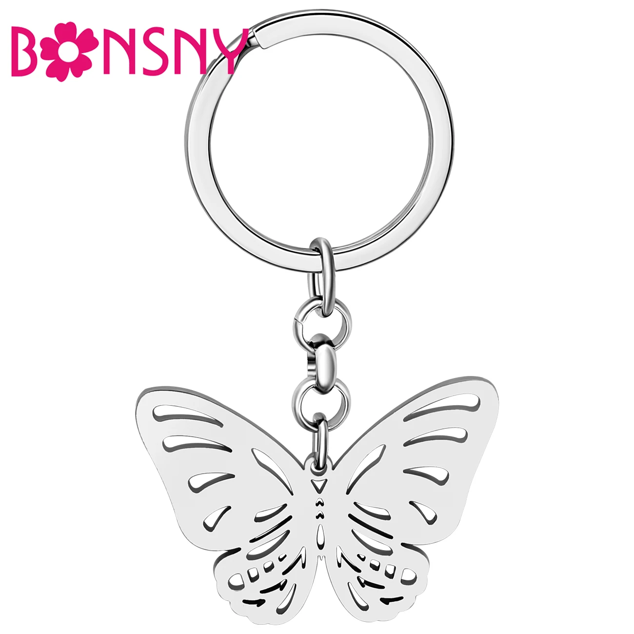 

Bonsny Stainless Steel Silver-plated Beautiful Butterfly Keychains Key Rings Insects Key Chains Bag Car Charms For Women Girls