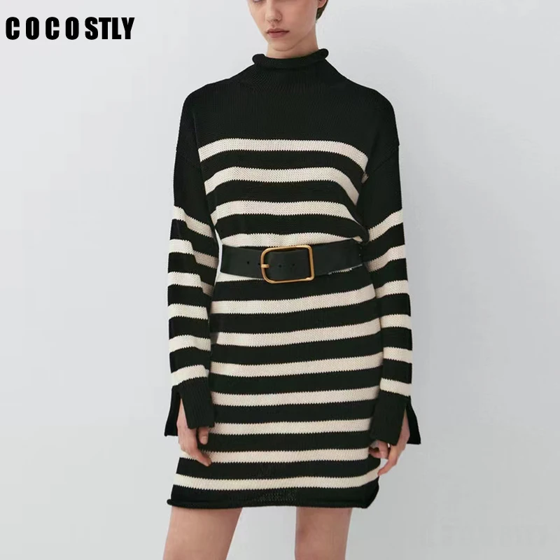 2022 Women Autumn New Fashion Slim Fit Commuter Striped Turtleneck Long Sleeve Knitted Mini Dress Female Casual Simple Dresses