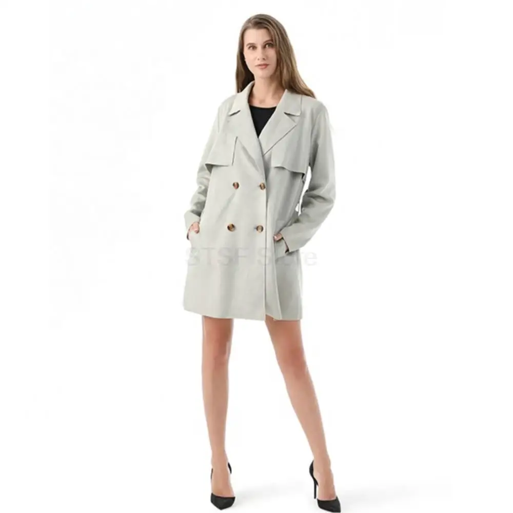 Women Winter Fashion Real Suede Long Duster double-breasted Lapel Pure Color Coat Real Suede Pocket Waist Belt Jacket