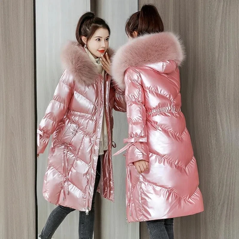 Parkas Women 2022 Winter New Fashion Shiny Wash-free Padded Coat Female Casual Thick Long Hooded Fur collar Down Cotton Jacket