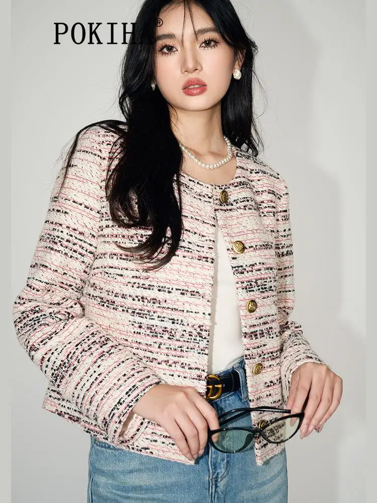 

Pokiha Fashion Women New Elegant Tweed Cropped Jacket Coat Vintage Luxury Long Sleeve Front Buttons Female Outerwear Chic Tops