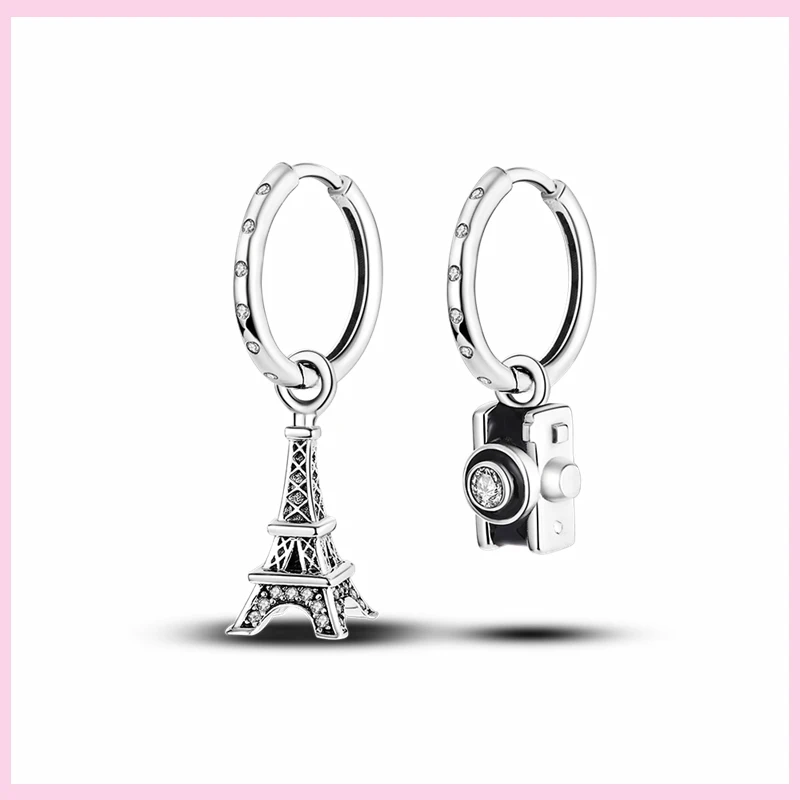 

Silver 925 Tower & Camera Asymmetrical Drop Earrings Original Design Jewelry For Women Dangle Earrings pendientes mujer brincos