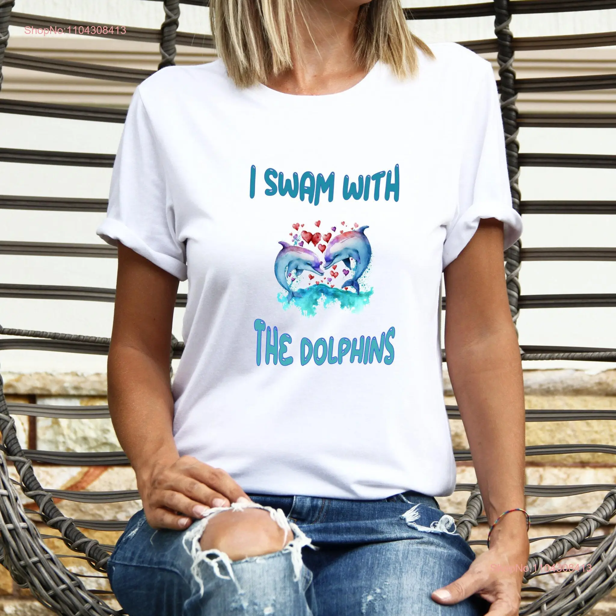 Футболка Dolphin Lover I Swam with the Dolphins Watching Trip Семейный отдых Плавание Хлопок с длинными