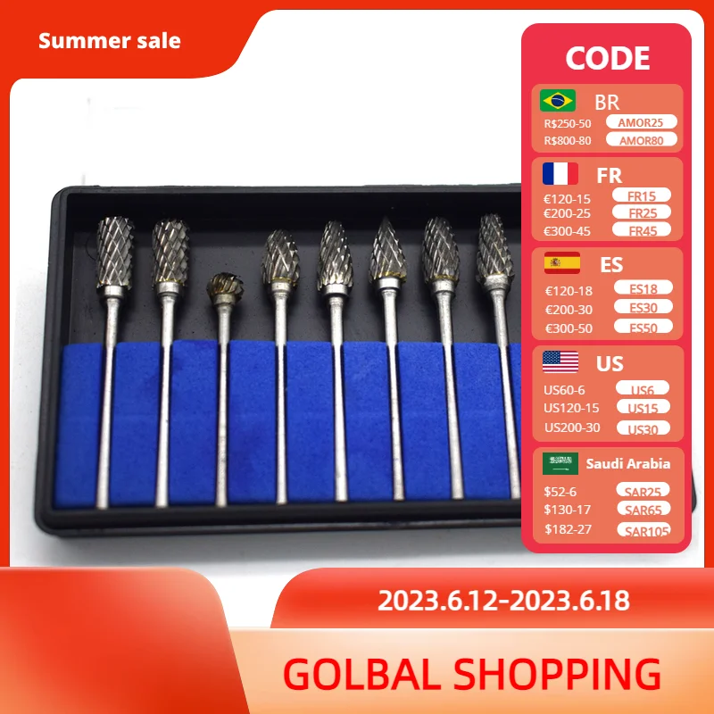

10PCS Tungsten Steel Carbide Rotary Burr Set 2.35MM Shank Jewerly Abrasive Tools Drill Milling Carving Bit