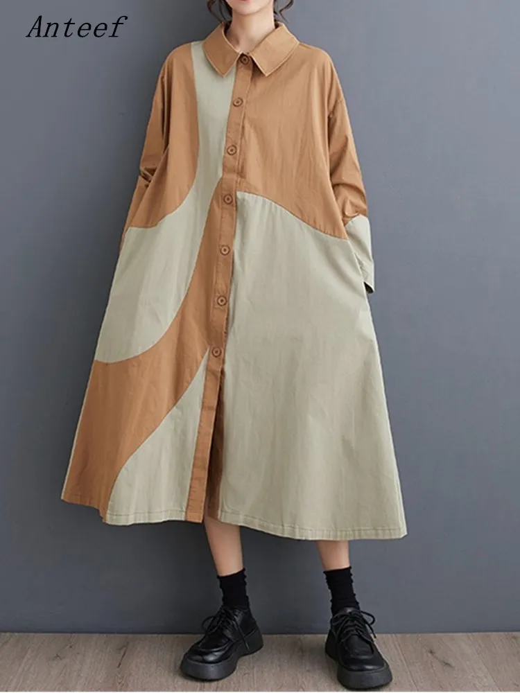

Женское винтажное платье-рубашка с длинным рукавом, повседневное свободное платье из хлопка на весну и осень, элегантная одежда 2023