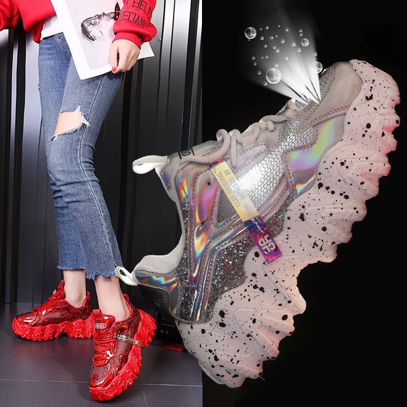 

Женские кроссовки на толстой подошве, женские кроссовки с блестками, новинка 2023, удобные трендовые кроссовки на массивной платформе
