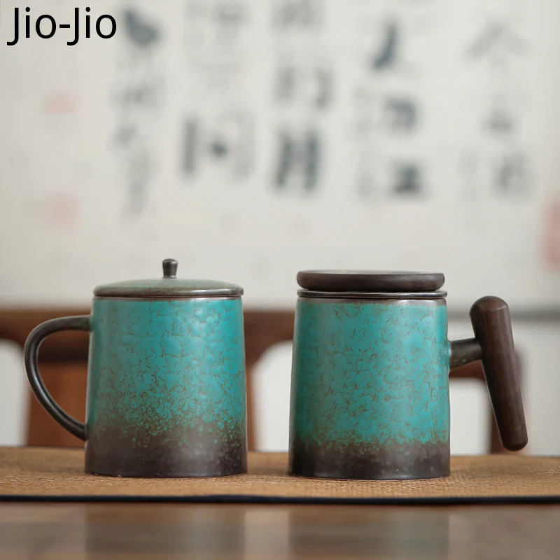 

Retro Ceramic Mug Bubble Tea Cup with Cover Japanese Tea Water Original Mugs Coffee Cups Espresso Kiln Baked Wood Handle Gift