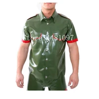 latex catsuit mens blouse short sleeves tops sexy trims army green with red customized 0 4mm