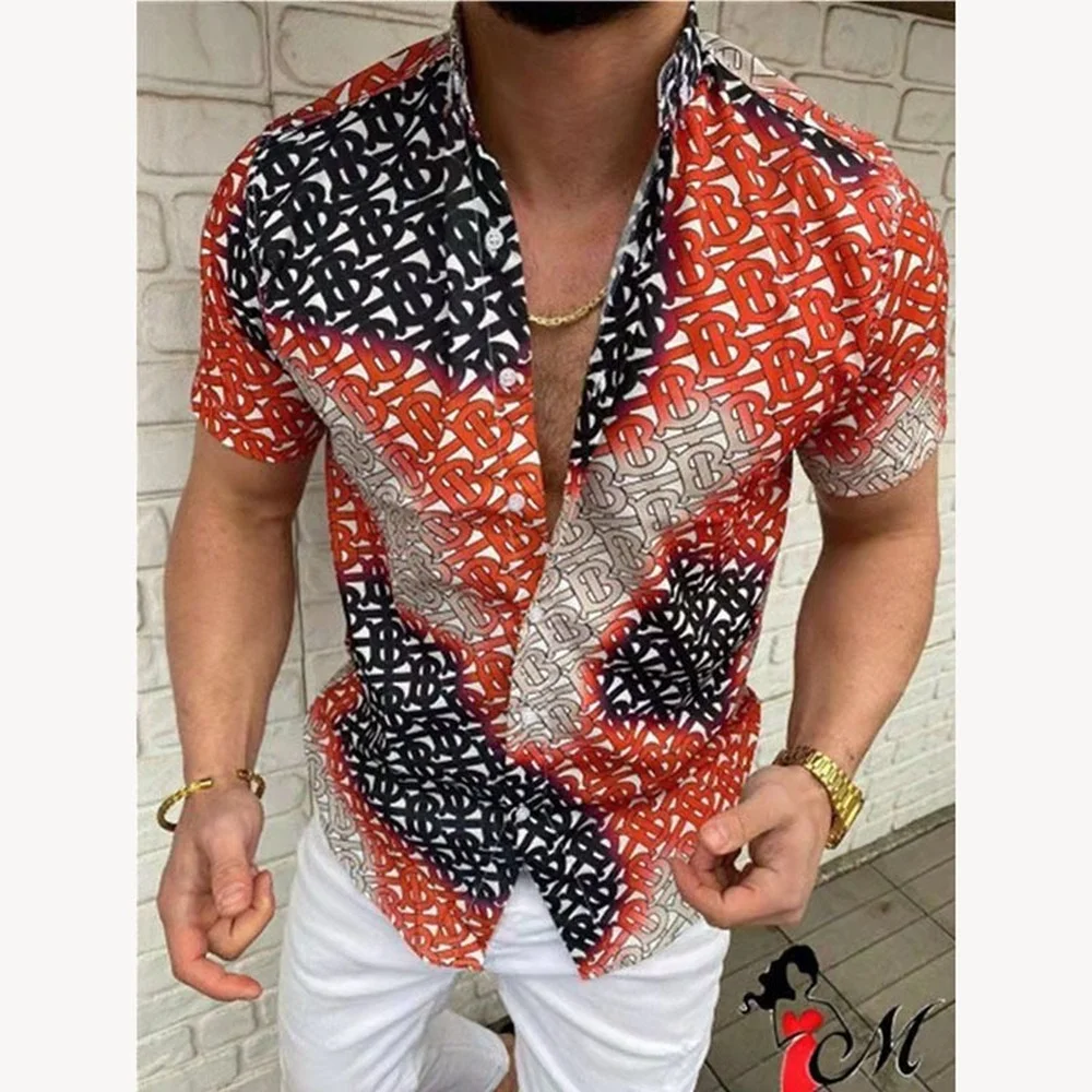 Men's European Size Printed Short Sleeve Shirt Cardigan
