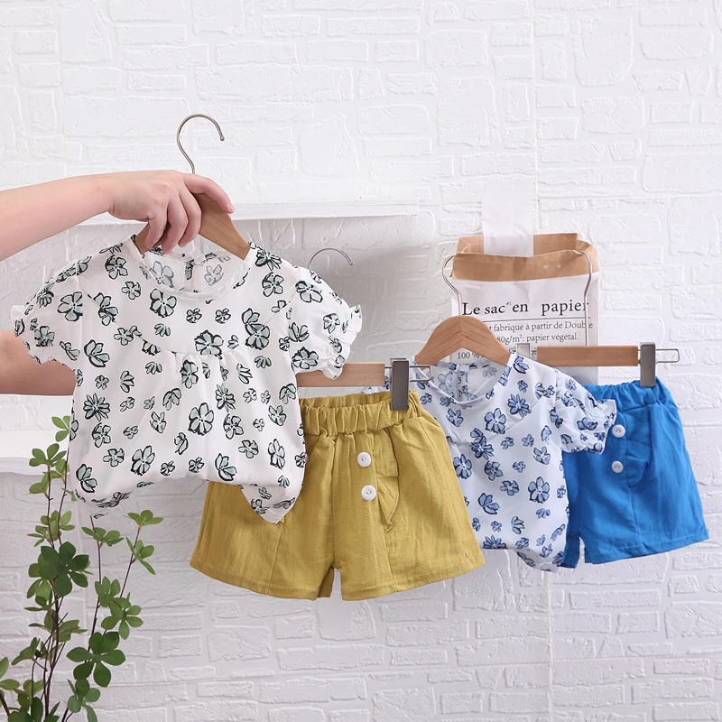 

Girls Clothing Set Short Sleeve Summer Cotton printing T-shirt+shorts 2Pcs Suit Toddler Children's Clothes
