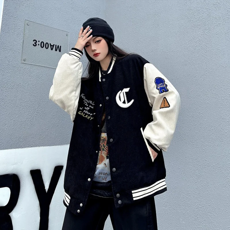 

Corduroy Jackets Baseball Students Loose Women Harajuku Plus Size Korean Casual Streetwear Embroidery Autumn