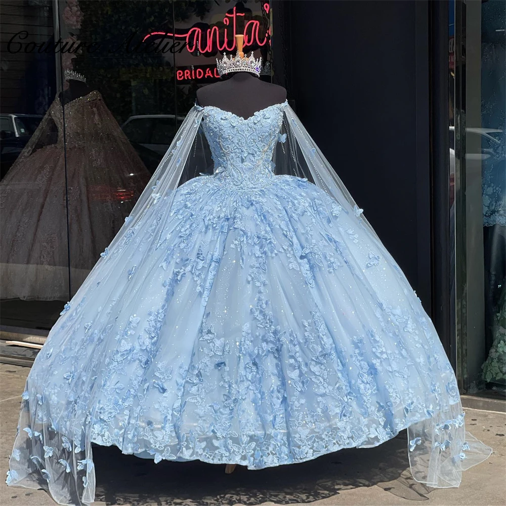 

Бабочки, небесно-голубое платье Quinceanera с накидкой, бальное платье, платье на день рождения, милое платье 15 16, платья 15 quinceañera