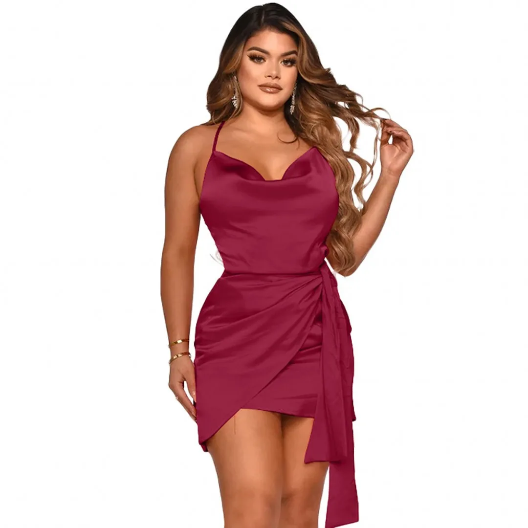 

Women Fashion Solid Sling Crossover Spaghetti Strap Dress Sexy Backless Bag Hip Mini Dress Club Party Night Wear Summer Outfit