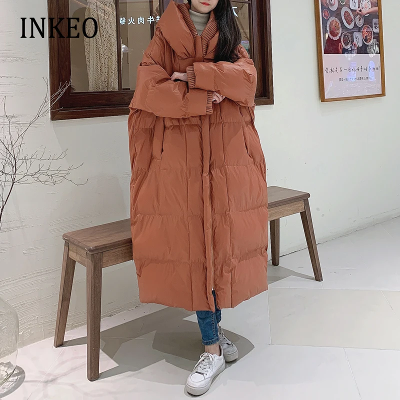 2022 Winter Hooded Puffer jacket Warm Women's brown Oversize cotton padded long coat Maxi Outwear Female snow wear INKEO 2O081