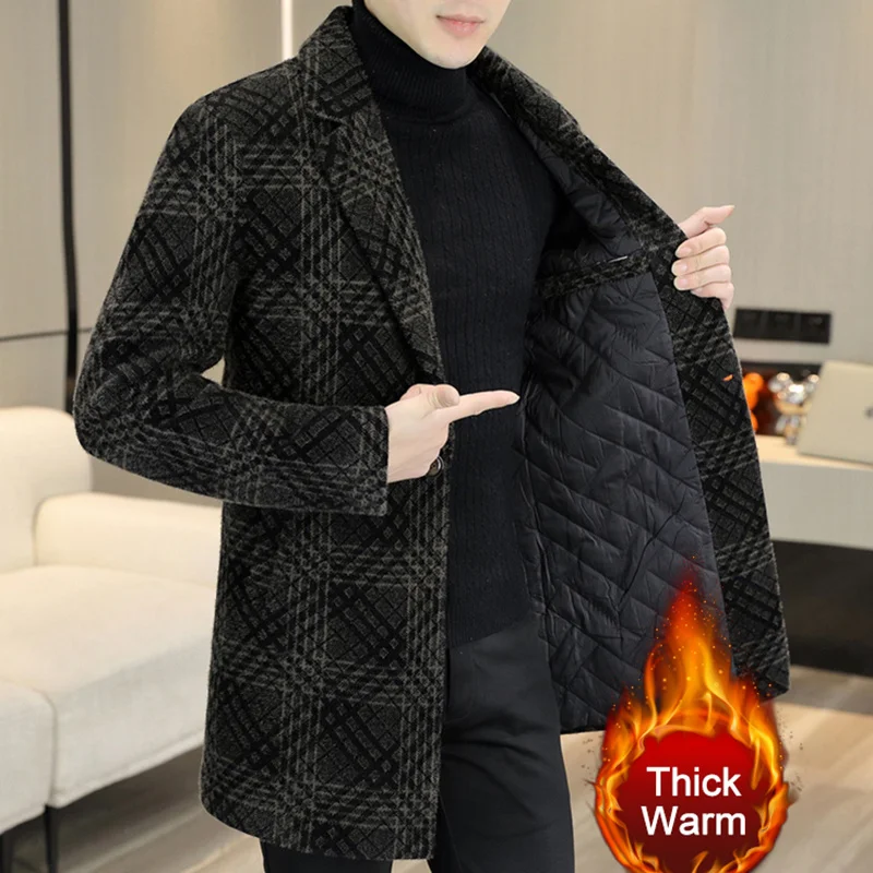 

British Plaid Mens Wool Trench Coat Winter Thickening Men's Woollen Windbreaker Single Breasted Long Jacket Abrigo Largo Hombre