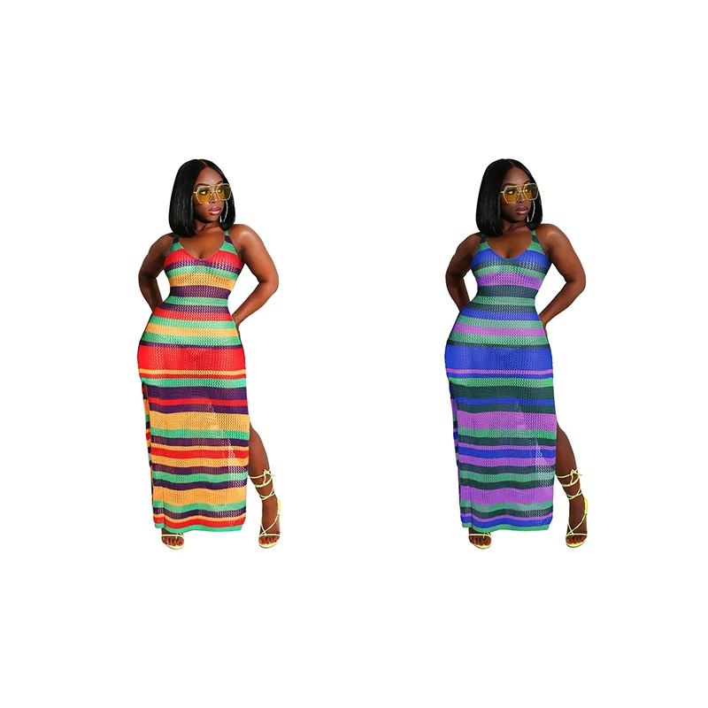 

Сексуальное женское платье-макси в радужную полоску, вязаное крючком пляжное платье