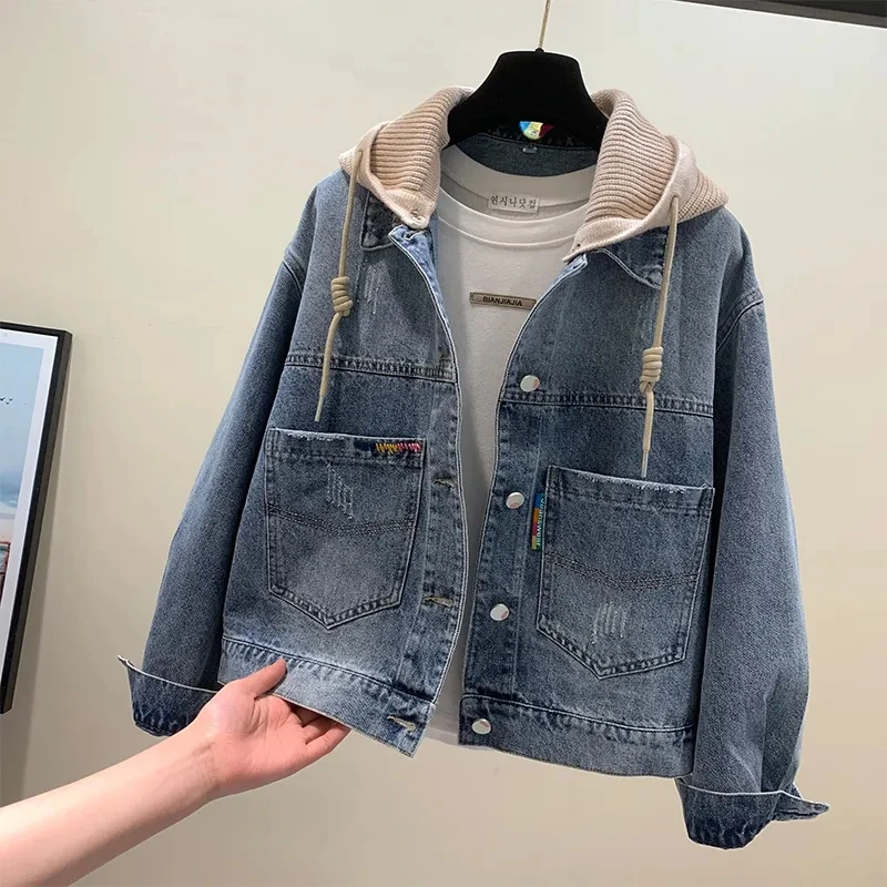 Джинсовая куртка женская с капюшоном, верхняя одежда из денима в Корейском стиле, повседневный однобортный Топ с карманами, уличная одежда для студентов, весна-осень 2023
