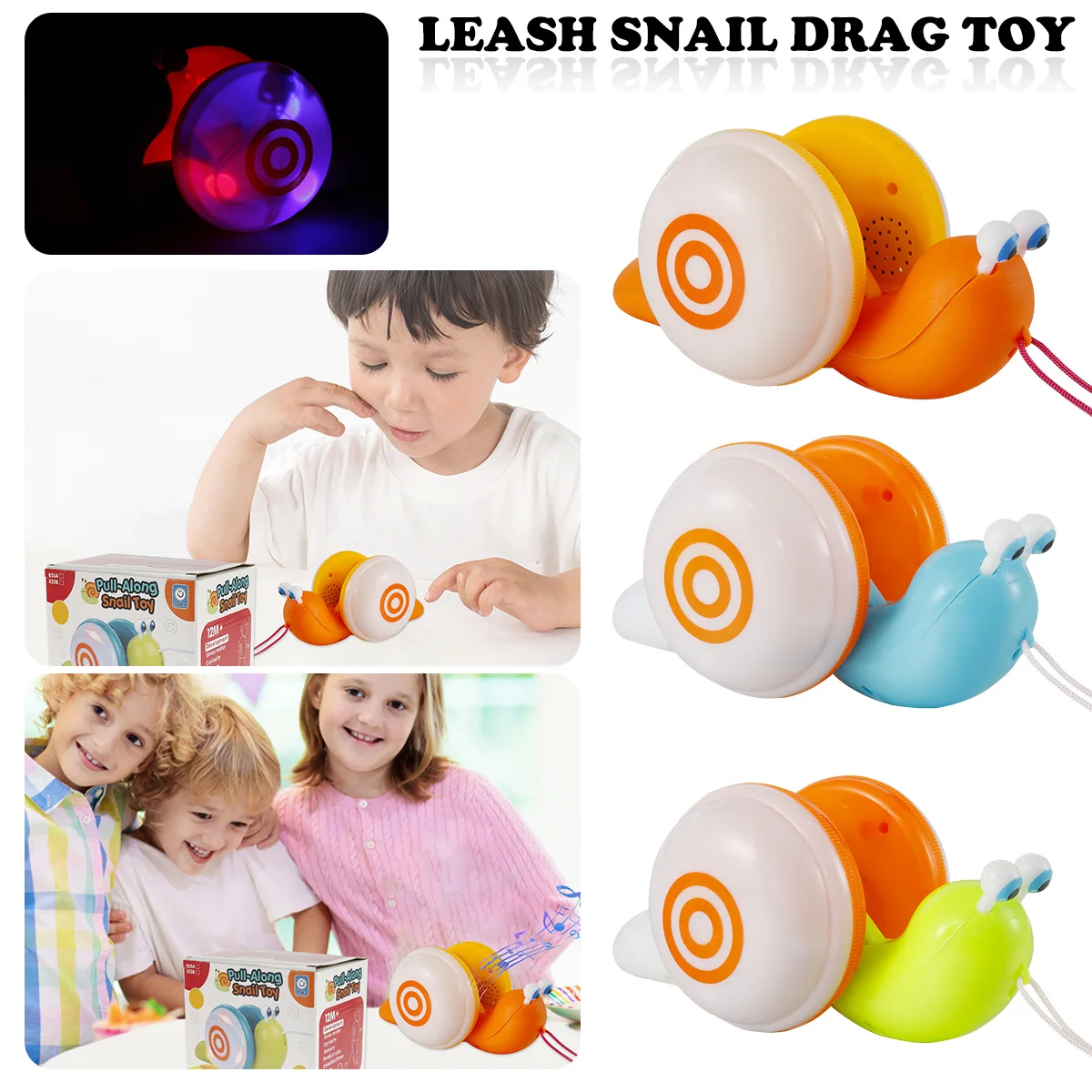 

24cm Pull Along Toy Plastic Pull Along Snail with Music and Light Smooth Moving Silent Baby Pull Educational Toy