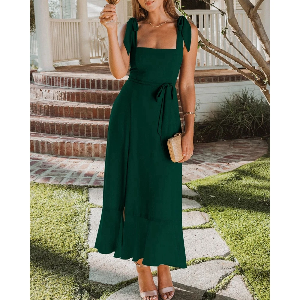 

Summer Women Ruffle Hem Split French High Sense Midi Long Dress With Belt 2023 Female Casual Squire Neck Slim Fit Party Dresses