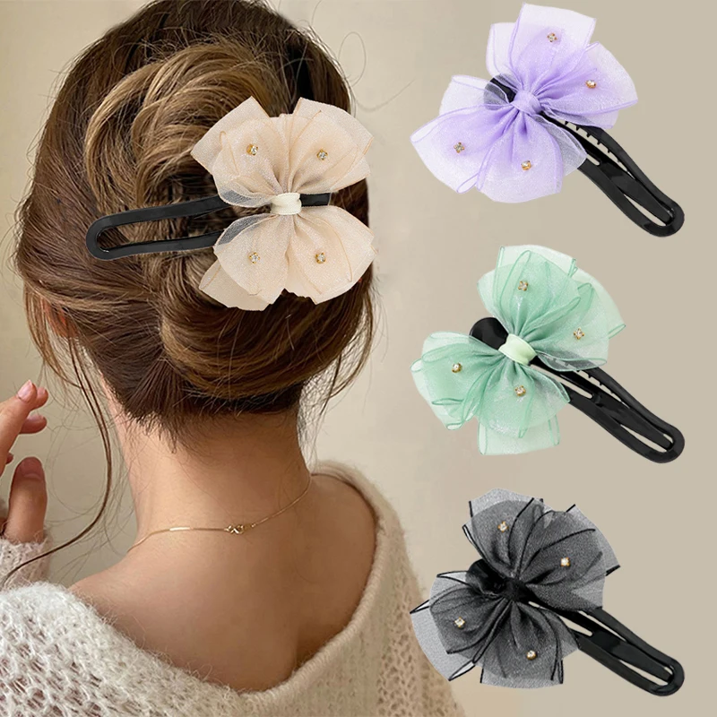 

New Multi Layer Net Yarn Bow Hairpin Crystal Hair Clip Duckbill Clip Girls Fashion Summer Curly Hairclip Hair Accessories Women