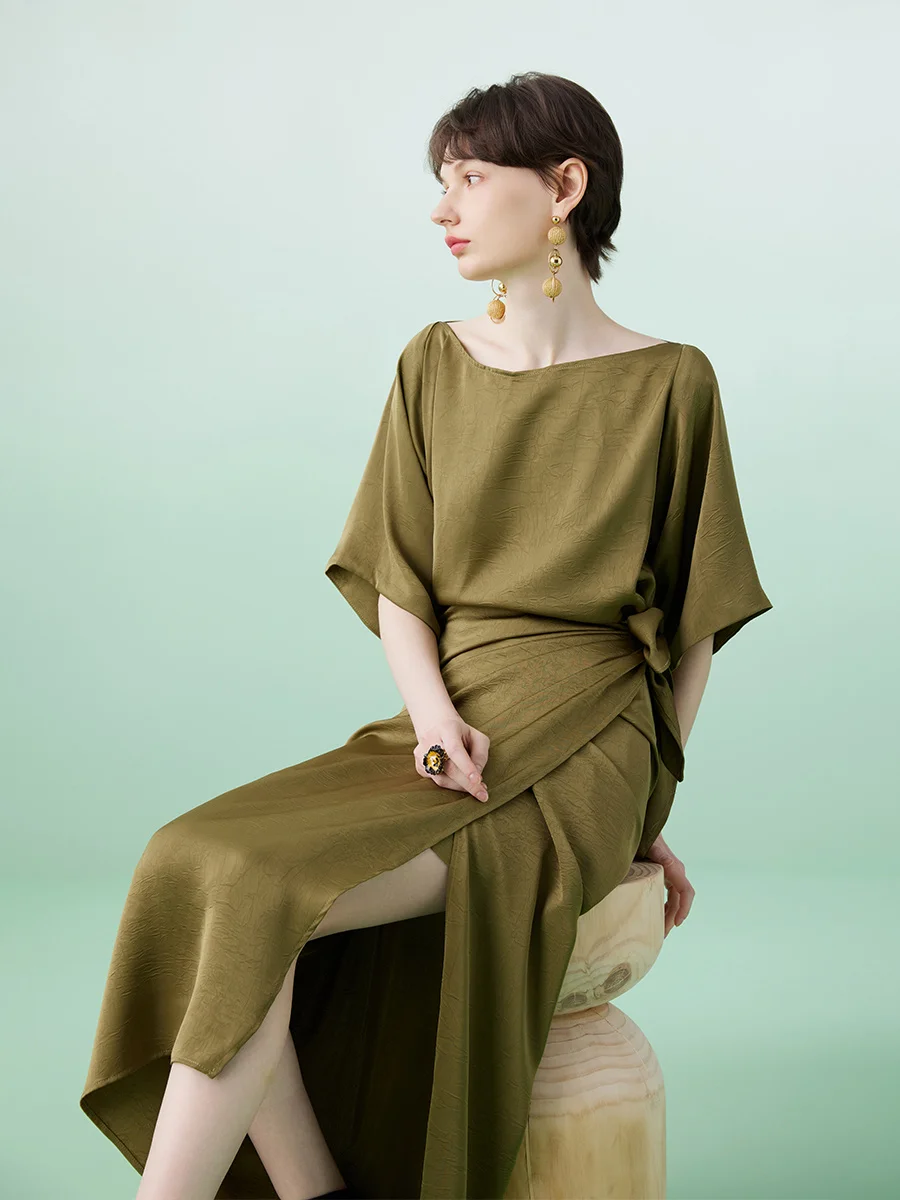 

French Workplace 2 Color Lazy Style Dress 2023 Spring/Summer Bat Sleeves High Waist Wrap Long Dress