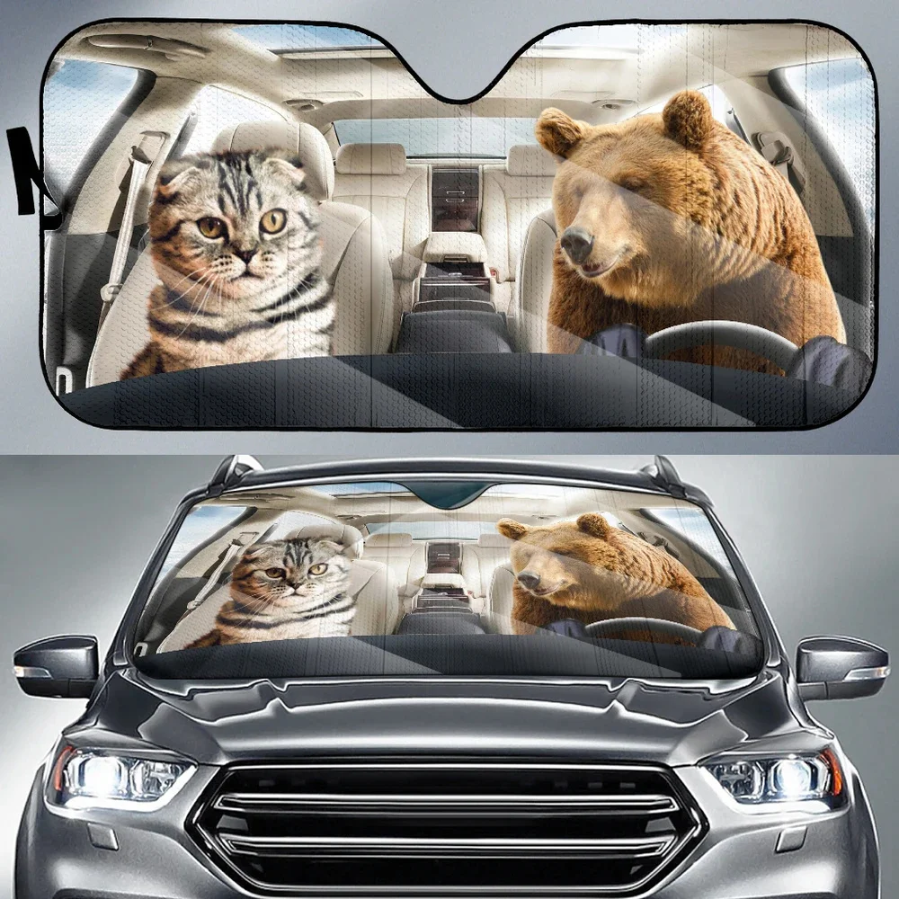 

Cute Big Brown Bear and Cat Printed Car Sun Shade Windshield UV and Heat Windshield Sun Shade for Car Gloss Sunshade