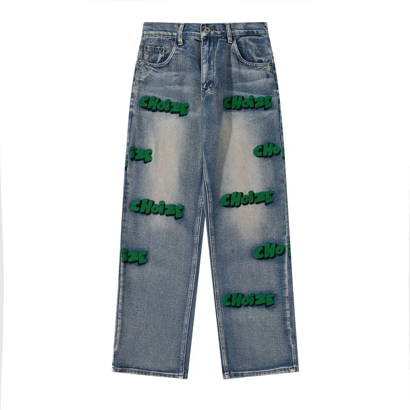 

Fashion Wide Leg Pants Men 3D Letters Denim Jeans Men Hip Hop Streetwear Autumn Winter Denim Wide Leg Pants 2021 Men's Clothing