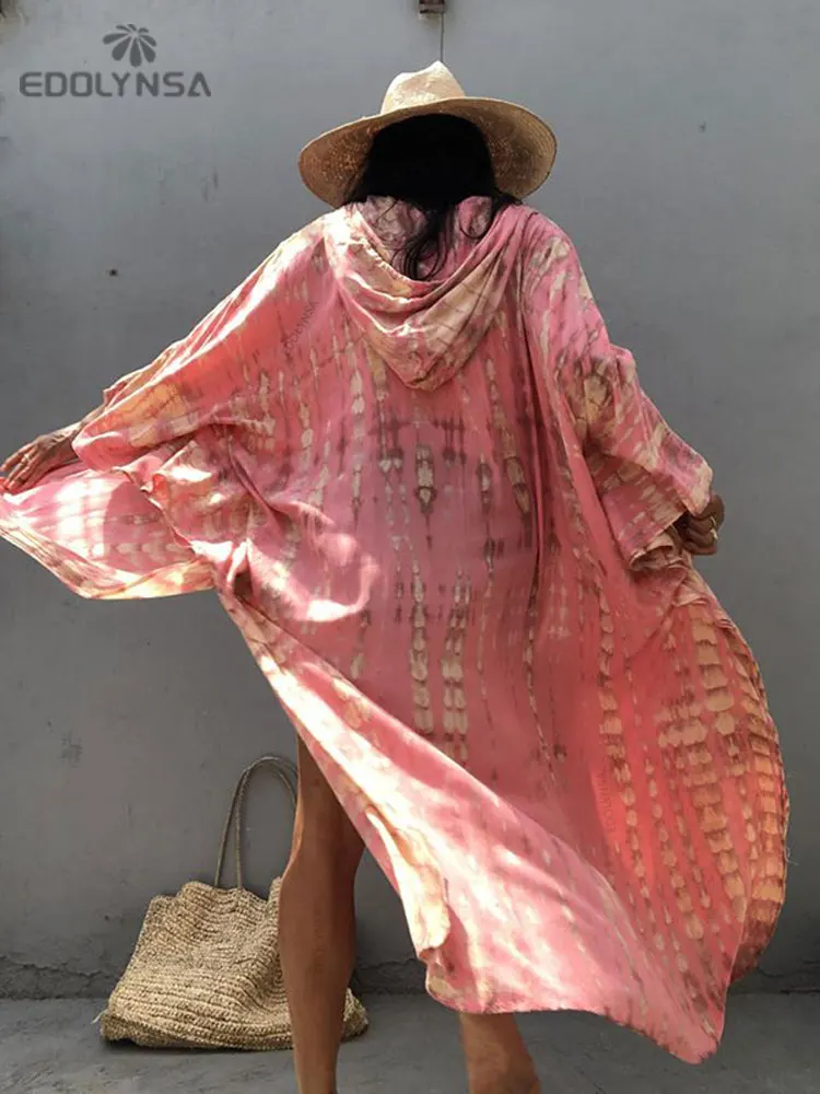 

2022 Bohemian Printed Women Beach Dress Bathing Suit Cover Up Summer Tunic For Women Hooded Beachwear Robe de plage Kaftan A747