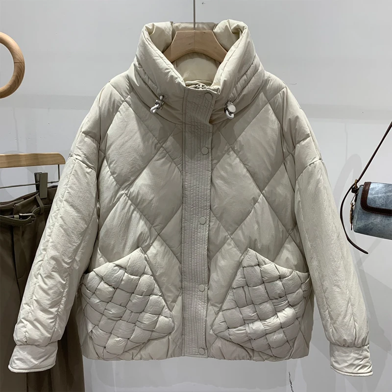 Vintage Women Winter 90% white duck down jacket Khaki 2023 New trendy Knit pockets parkas Long sleeve puffer coat INKEO 2O341