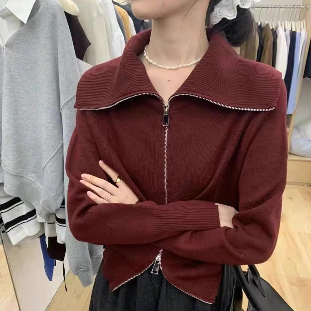 Новинка 2024 флисовый вязаный кардиган с двойной молнией и длинными рукавами