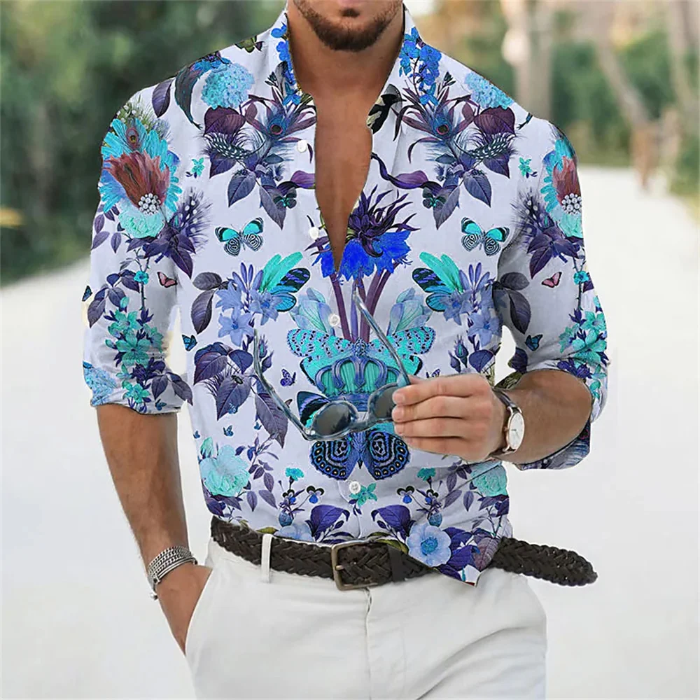 New men's animals and plant printed shirt retro outdoor street buttons long -sleeved fashion social street clothing designers