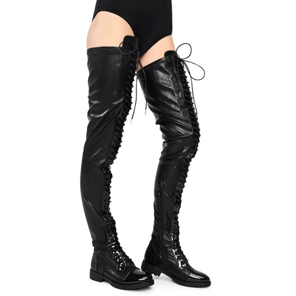

Gnazhee 2022 Plus Size 46 Brand New Square Heel Zip Cross-tied Winter Comfy Walk Women's Over The Knee Thigh High Boots Shoes