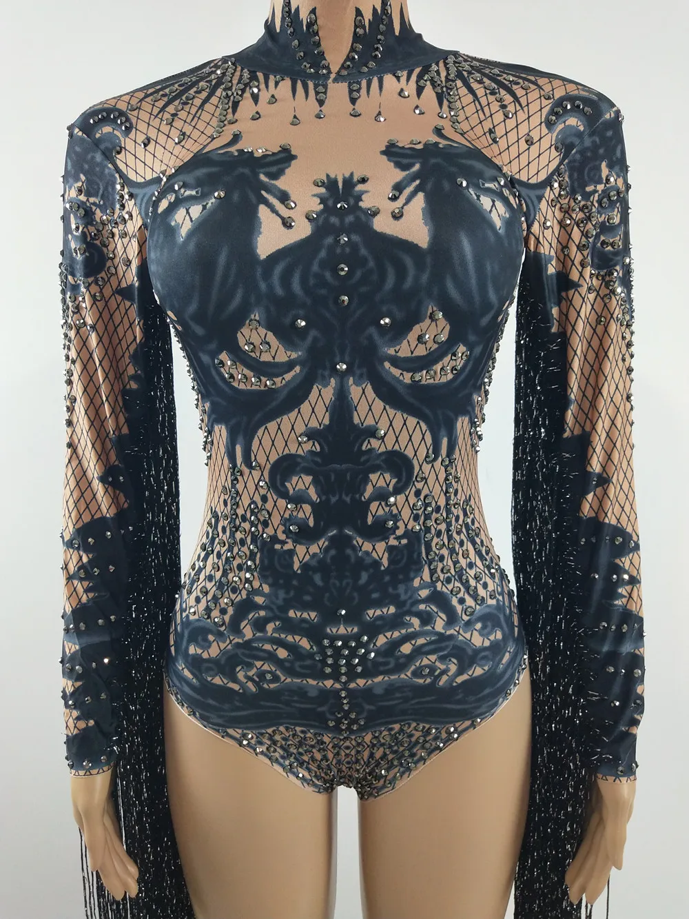 Женский костюм для джазового танца с принтом и стразами боди кисточками бар