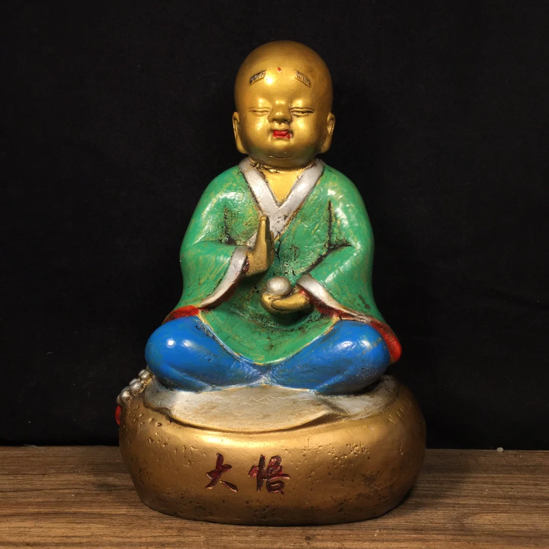 

10"Tibet Temple Collection Old Bronze Painted little monk Buddha acolyte Amitabha Meditation Enlightenme Worship Hall Town house