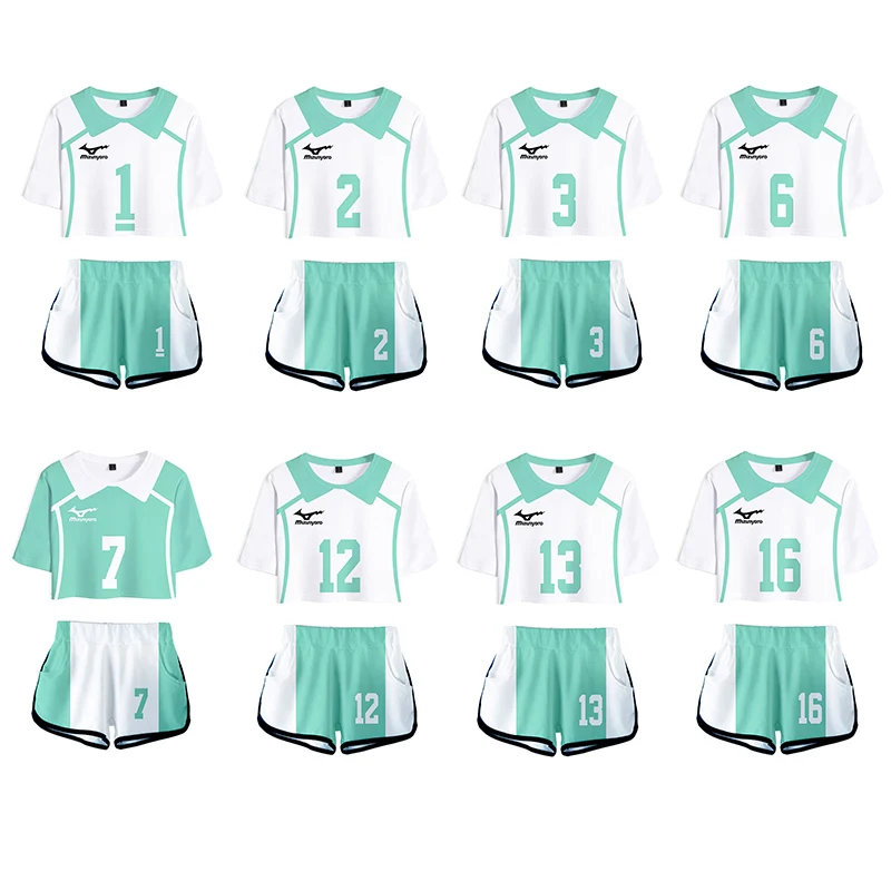 

Haikyuu Cheerleading Uniform Anime Cosplay Costume Thin Summer Short Sleeve Shorts Exposed Navel Cool T-shirt For Women