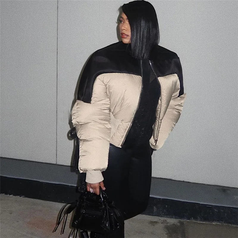 2022 Autumn Winter New Women's Long Sleeve Fashion Casual Color Collision Warm Waist Slim Cotton-Padded Women