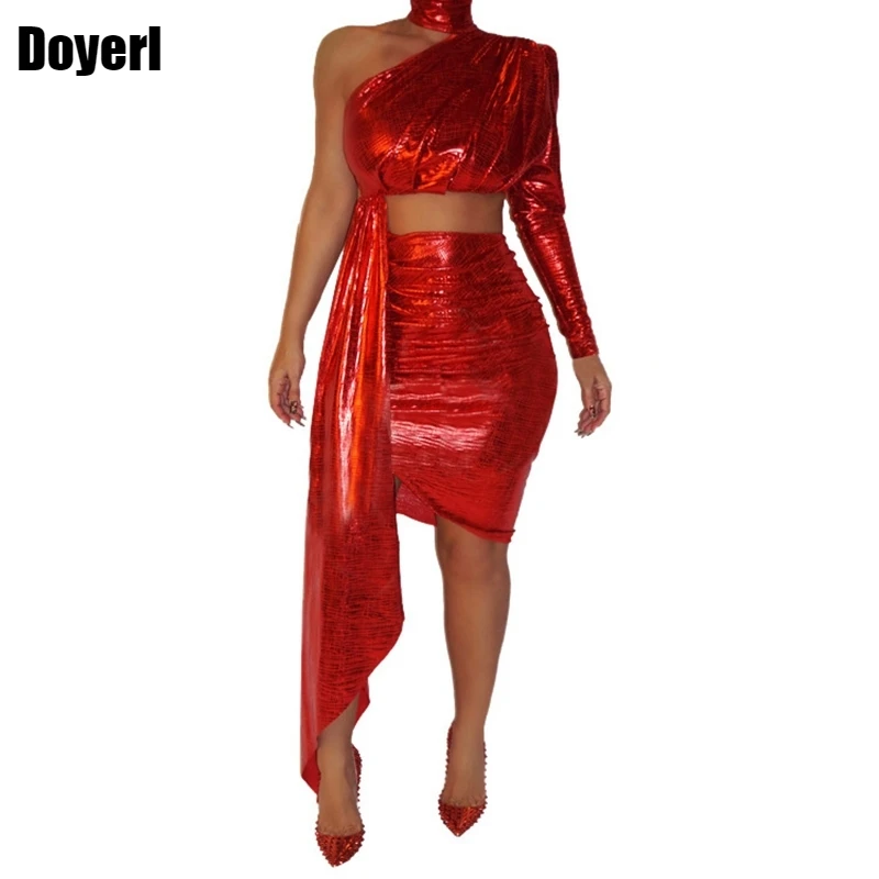 

Sexy Party Two Piece Set Women Skirt Sets Clothes Glitter One Shoulder Crop Top Skirt Festival Club Bodycon 2 Piece Set Outfits