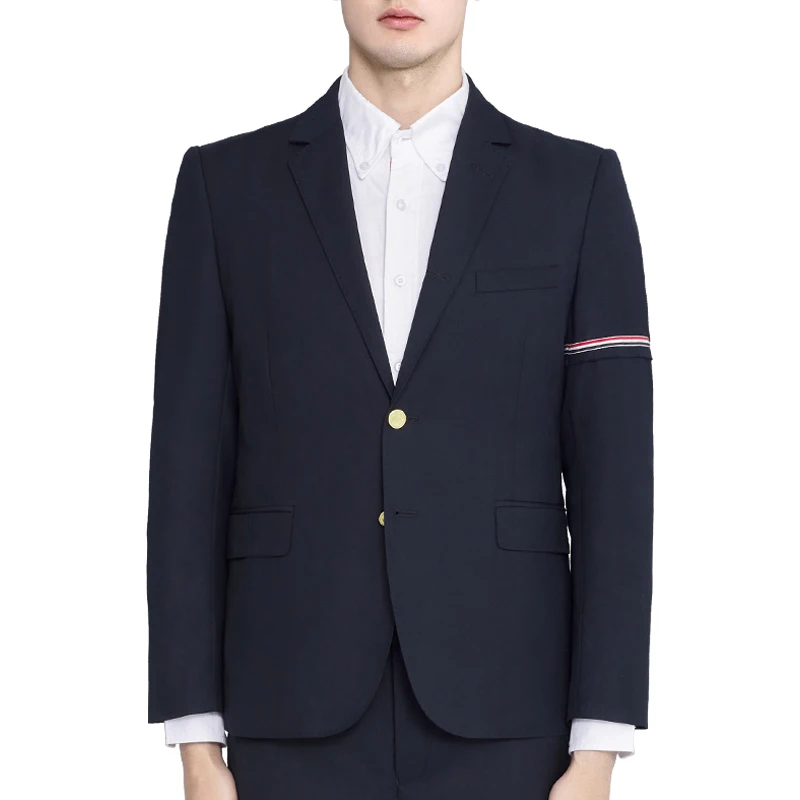 

TB THOM Male Suit Jacket Fashion Design Men's Clothing RWB Stripes Ribbon Men Costume Blazer Business Casual Wool Wedding Dress