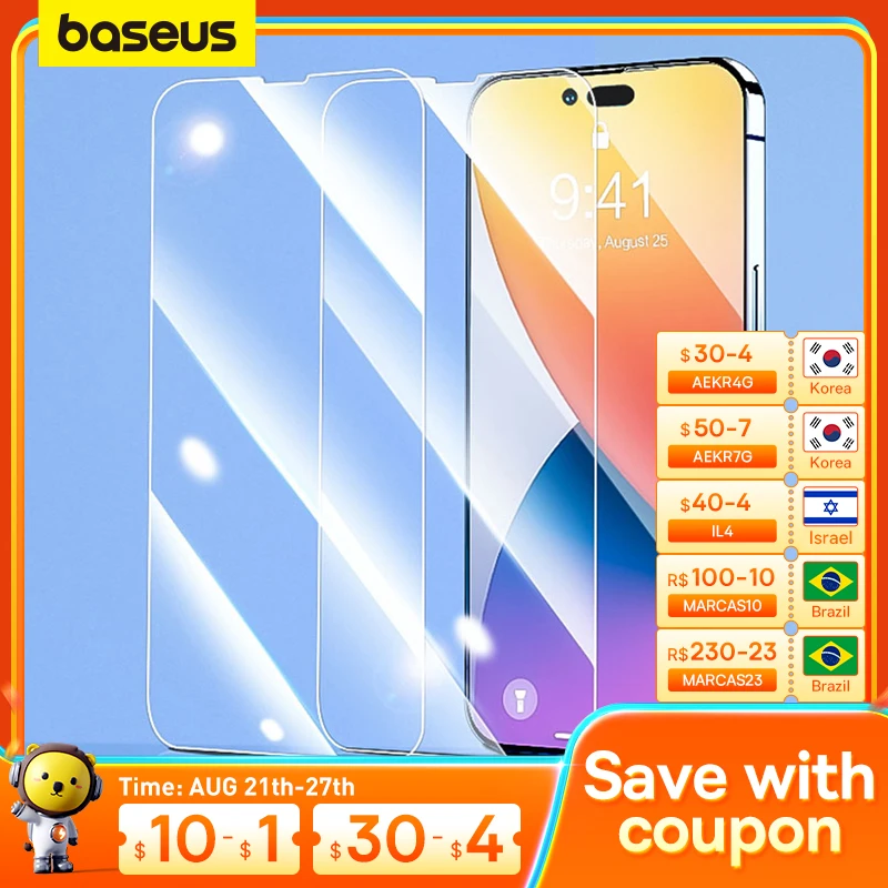 Защитное стекло Baseus 0,3 мм для iPhone 12 Pro 11 XR 7 8 Plus 5,5 дюйма SE2 SE3 4,7 дюйма, 2 упаковки, закаленное стекло