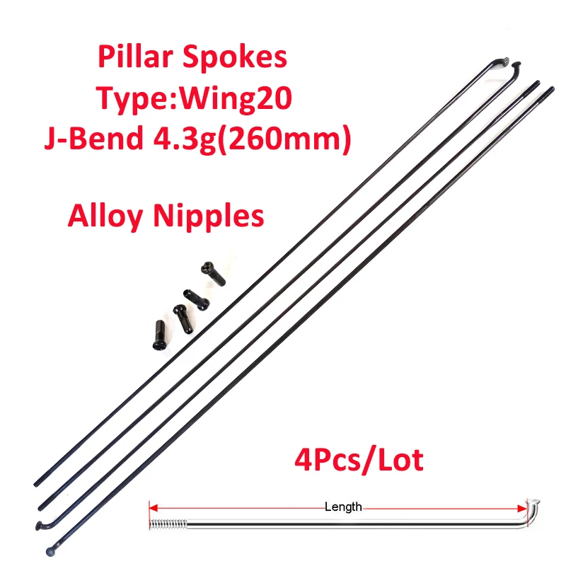 

4pcs/lot Pillar Wing20 Type Bike Spoke Aero Steel FG 2.0mm J-Bend J-Hook Blade Flat Black 224mm-306mm Alloy Nipple Round head