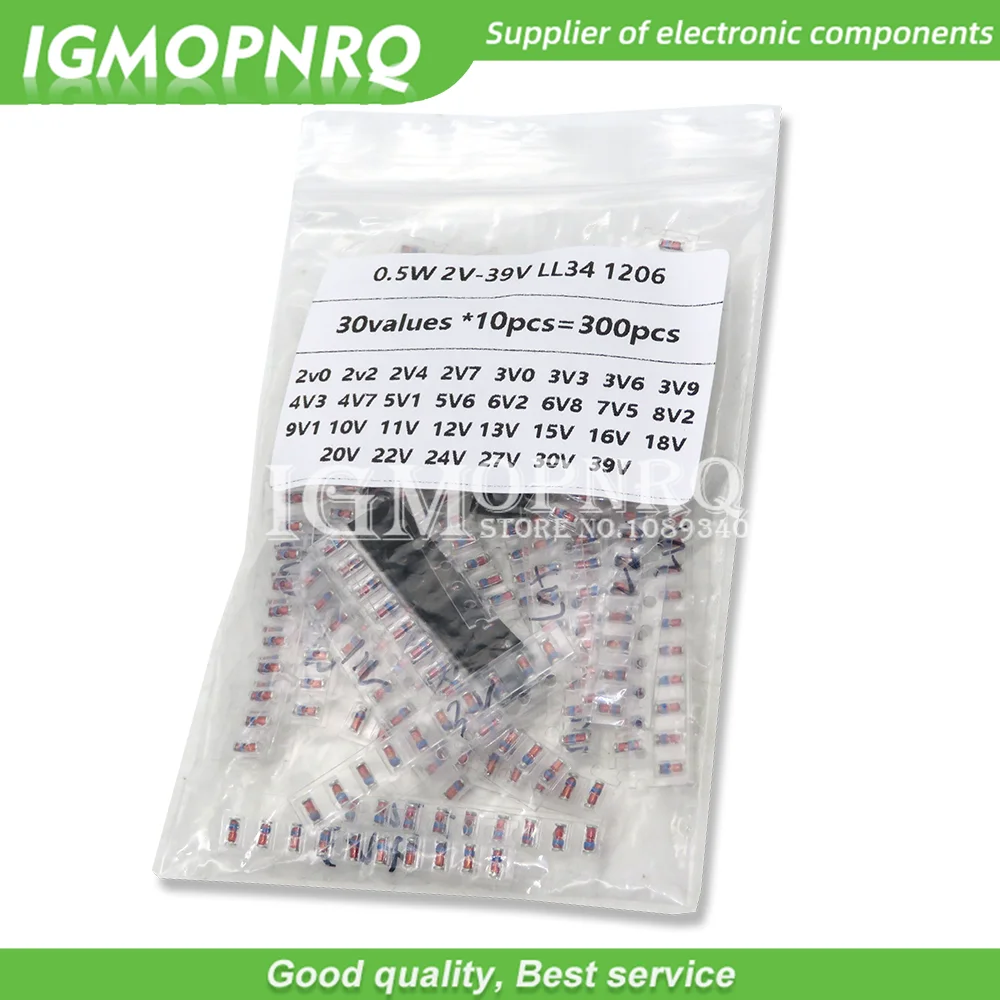 

30 значений * 10 шт. = 300 шт. LL34 SMD Zener пакет диодов, набор в ассортименте 1/2 Вт, 2 в-39 в