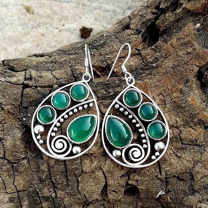 

Vintage Drop Metal Embellished Green Stone Hook Drop Earrings for Women