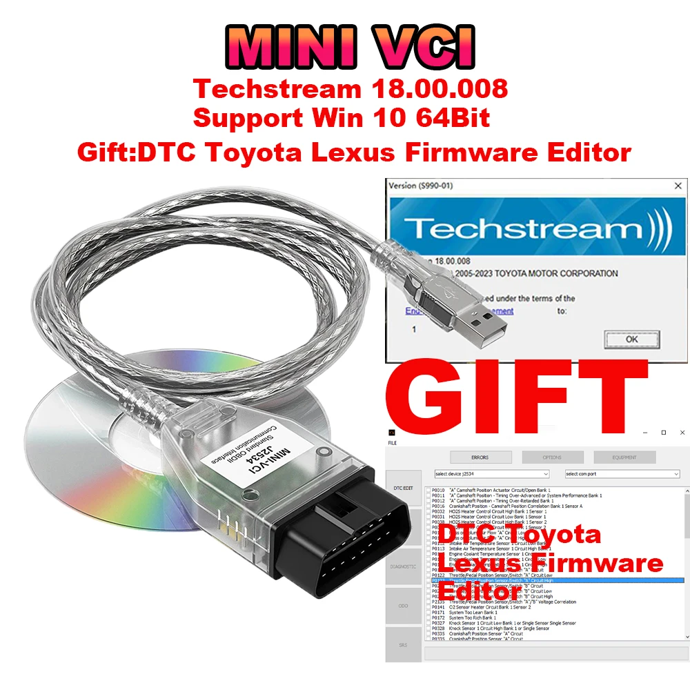 

Мини Vci для Toyota TIS Techstream V18.00.008 FTDI FT232RL OBD2 диагностический кабель до 2023, редактор прошивки DTC для Toyota/Lexus