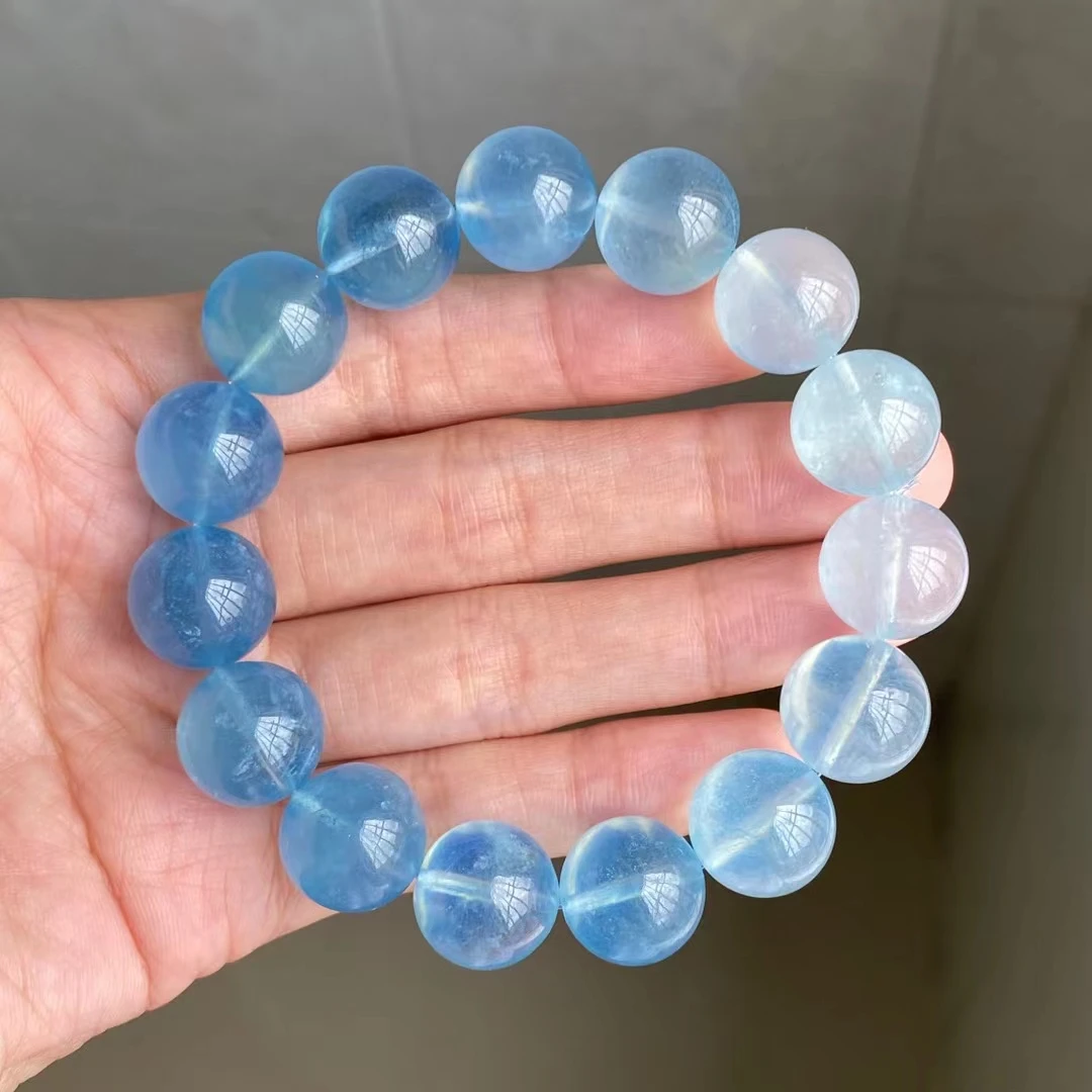 

Natural Blue Aquamarine Clear Round Beads Bracelet 13.7mm Women Men Blue Aquamarine Brazil Fashion Stretch Jewelry AAAAAA