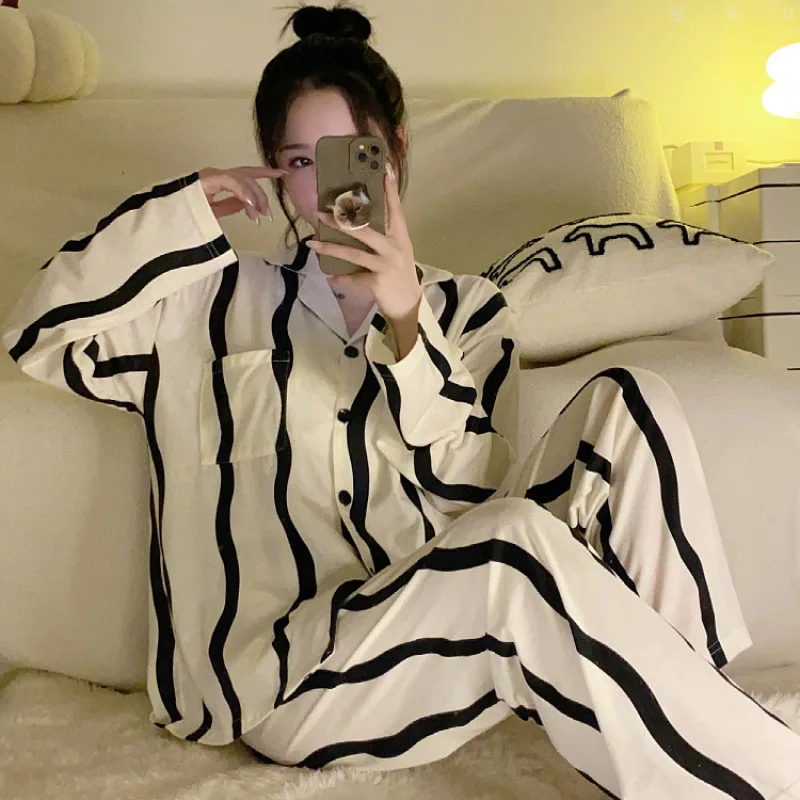 

Женский пижамный комплект из 2 предметов, Женская Полосатая пижама из 100% хлопка, Женская пижама с длинным рукавом и лацканами, рубашка и брюки, костюм для сна, домашняя одежда