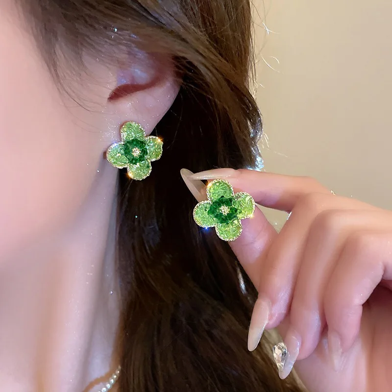 

Korean Green Flower Crystal Stud Earrings for Women Shine Cute Ear Jewelry Metal Wedding Party Statement Lover Girlfriend Gifts