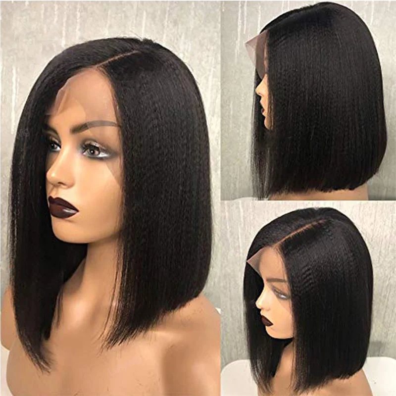

Yaki 14 Inch Short Bob Wig For Women Kinky Straight Natural Black Color Glueless Lace Front Wigs With Baby Hair Daily Used Soft